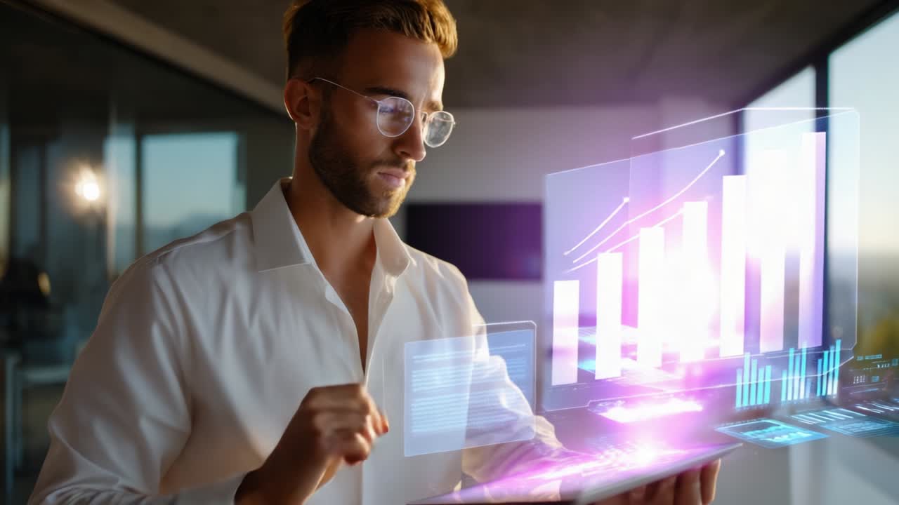 Innovative Professional Engaging with Holographic Data Displayed on a Transparent Interface, Analyzing Trends and Metrics in a Modern Workspace Setting with Natural Lighting Enhancing the Digital Experience