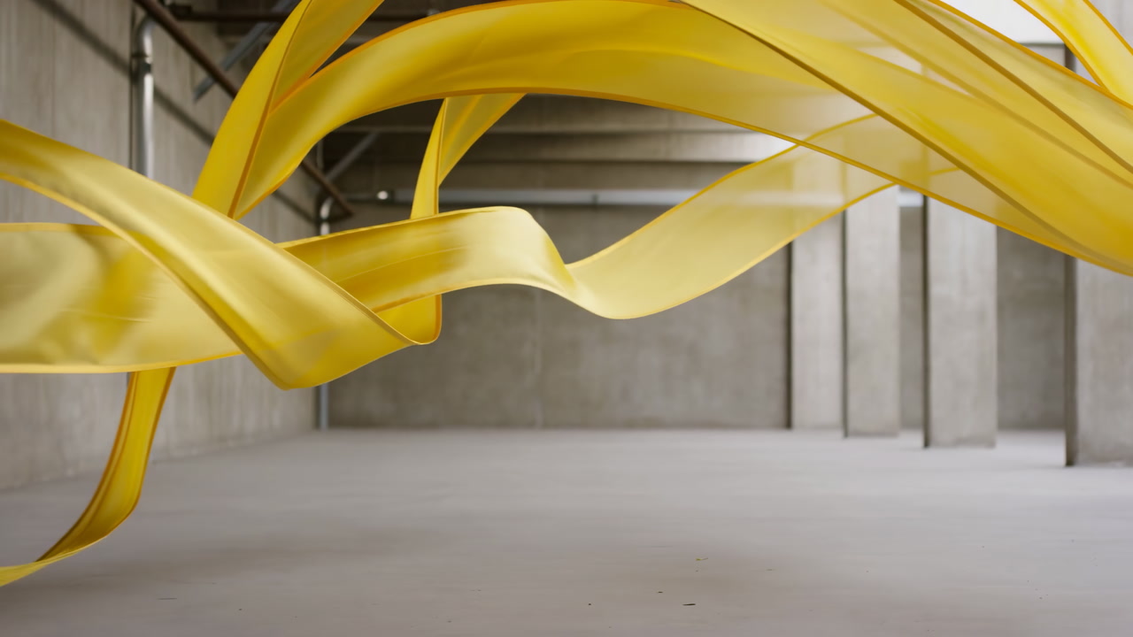 Yellow Fabric Ribbons Floating In Warehouse, Sweeping Loops Of Golden Silklike Material Drift Through Concrete