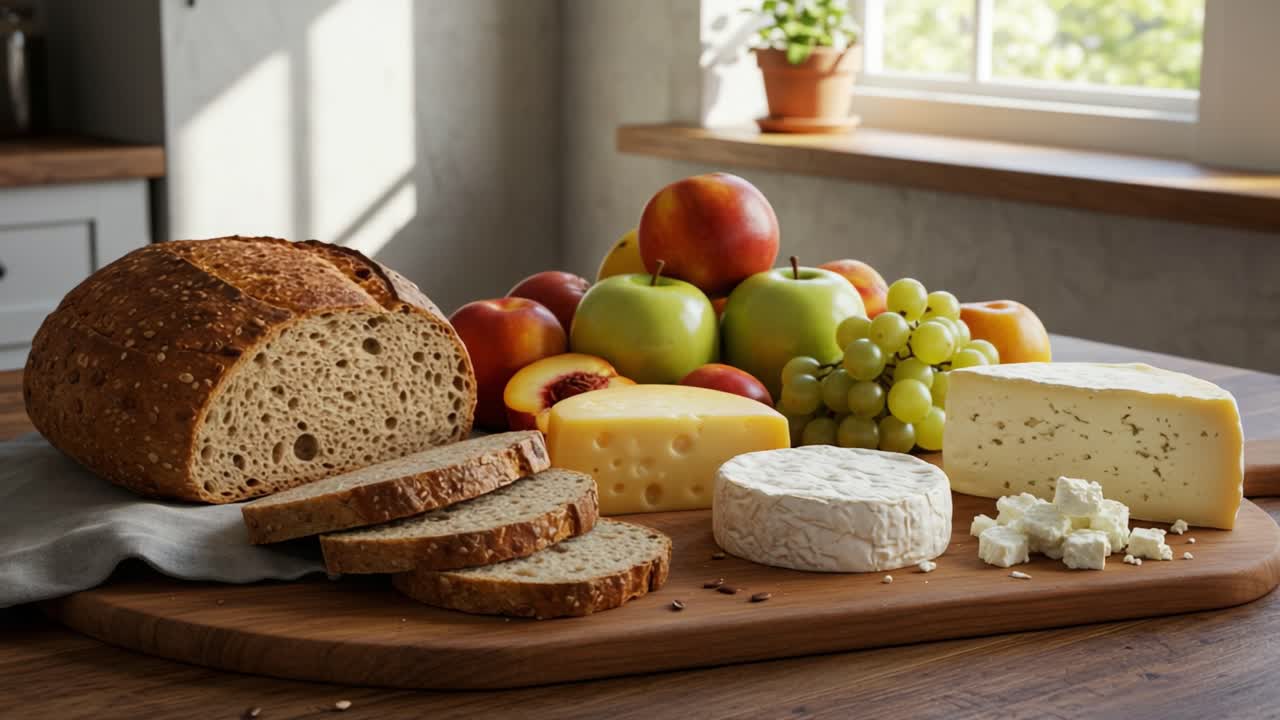 A beautifully arranged selection of artisan breads and an assortment of fresh fruits and cheeses presented on a wooden cutting board, showcasing a delightful culinary experience