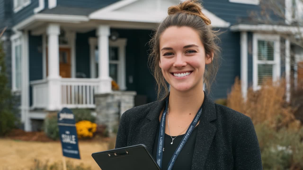 A smiling woman holding a clipboard stands proudly in front of a house, embodying professionalism and friendly demeanor in a real estate setting