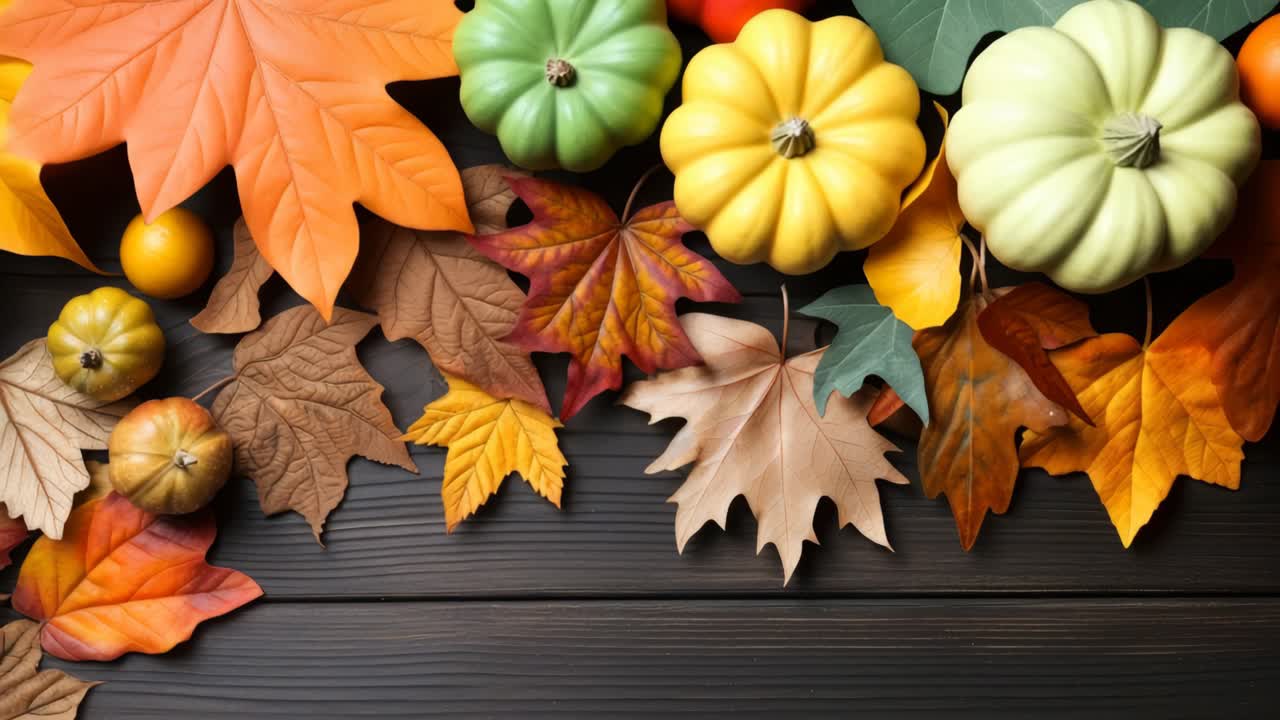 Top-down view of autumn leaves on a dark wooden surface, creating a warm, seasonal frame