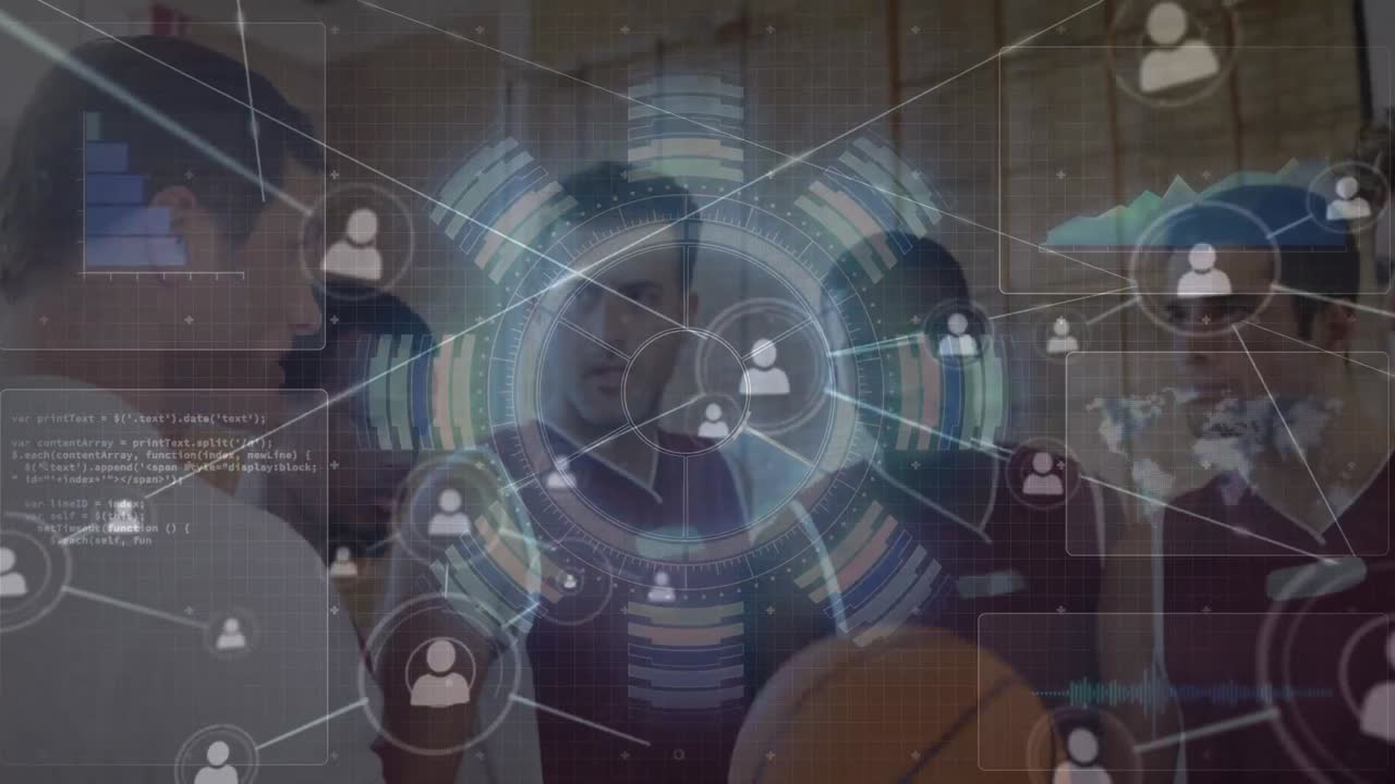 animación de pantalla digital y sobre equipo de diversos jugadores de baloncesto masculino