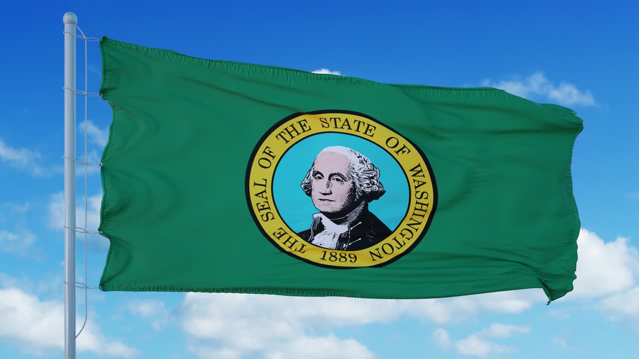 la bandera del estado de washington en un asta de bandera ondeando en el viento, fondo de cielo azul. 4k