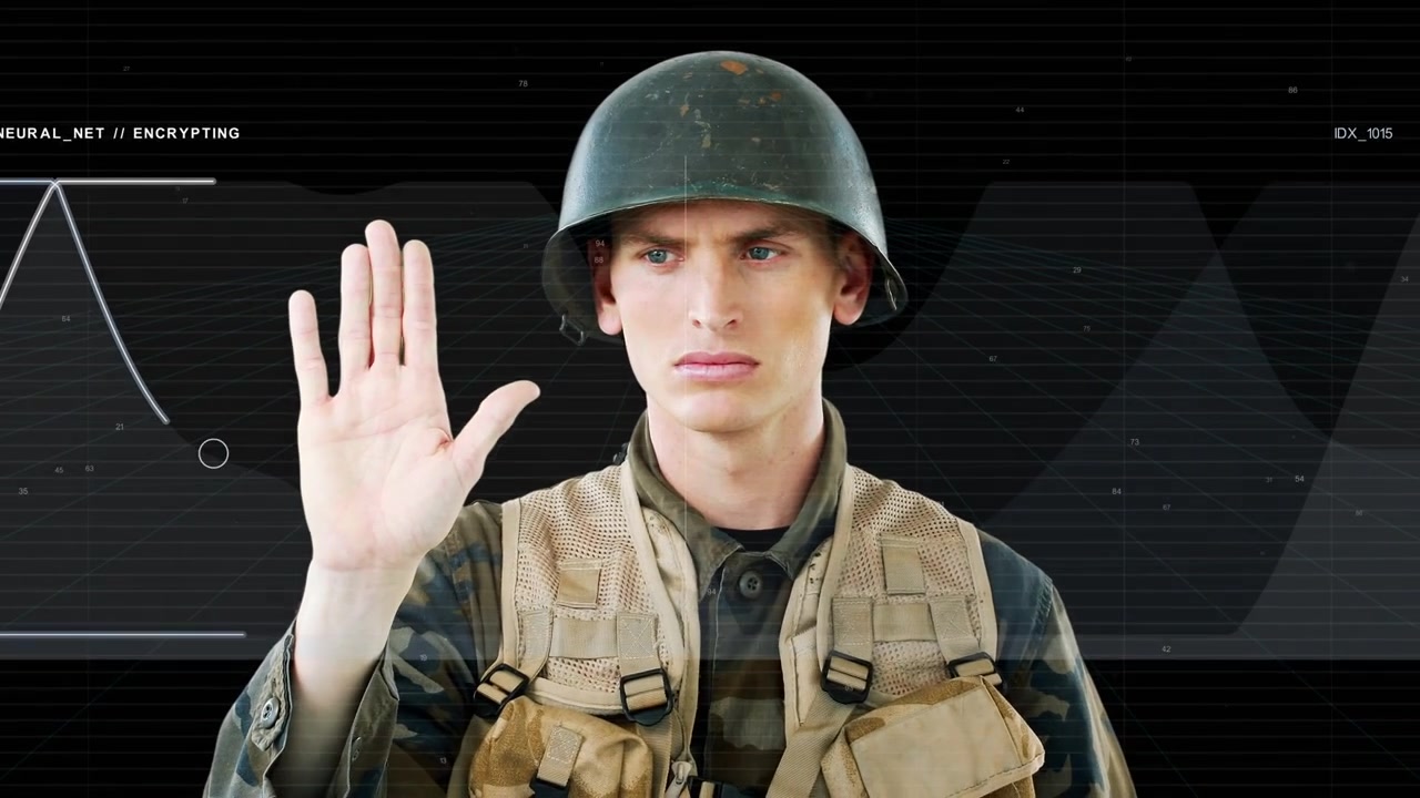 Soldier pinching, swiping hand, guiding HUD, tracing curved graphs in tech system to encrypt data