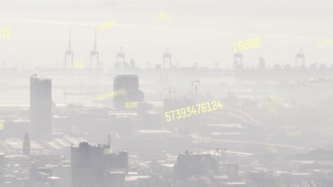 animation of multiple changing numbers floating against aerial view of cityscape