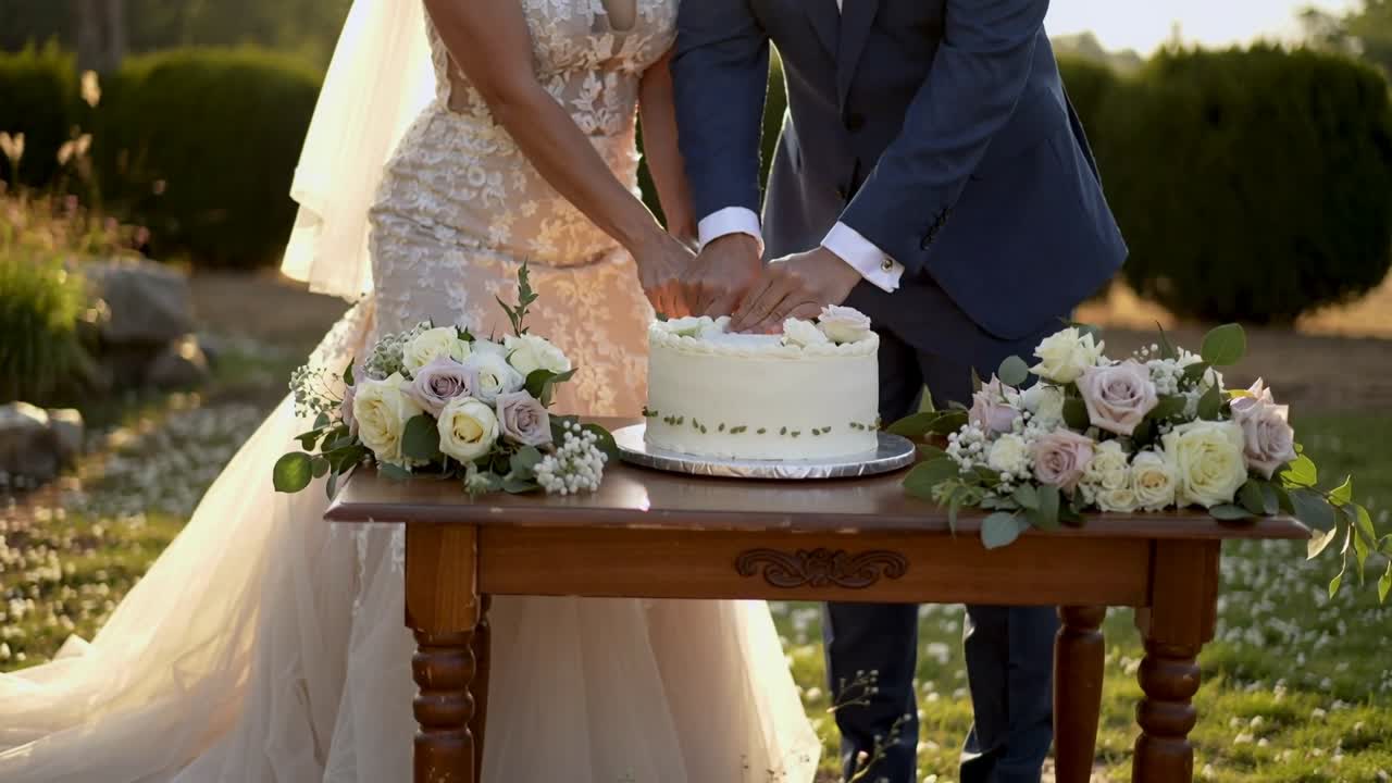 Sposa con velo di pizzo e sposo in abito che, mettendo le mani sul coltello, tagliano la torta in giardino, festeggiando.
