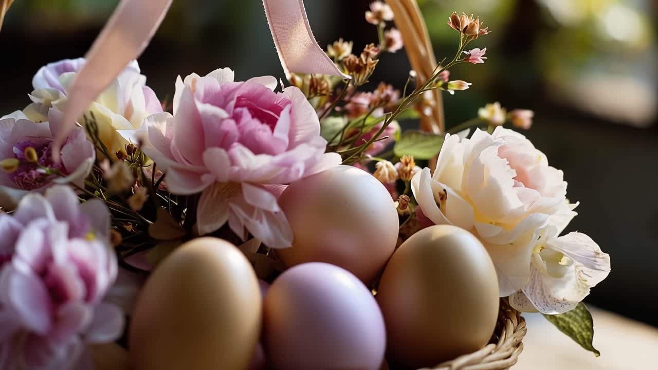 Soft light glows through window behind basket. Pastel eggs nestled among pink roses. Pink ribbon ties basket with gentle grace. Still life evokes springtime calm and celebration