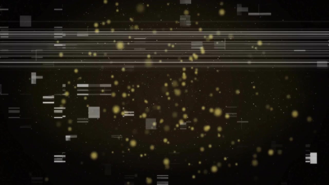 Glitch lines initiating drifting golden dots, scan lines sliding and blocks pulsing for loop effect