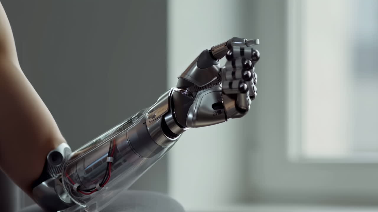Prosthetic Robotic Hand Performing Precise Flexing And Gripping Motions, Closeup Of Bionic Forearm