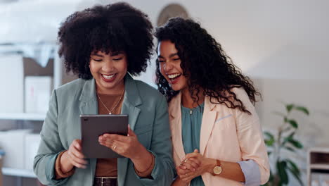 women, tablet and high five in business success