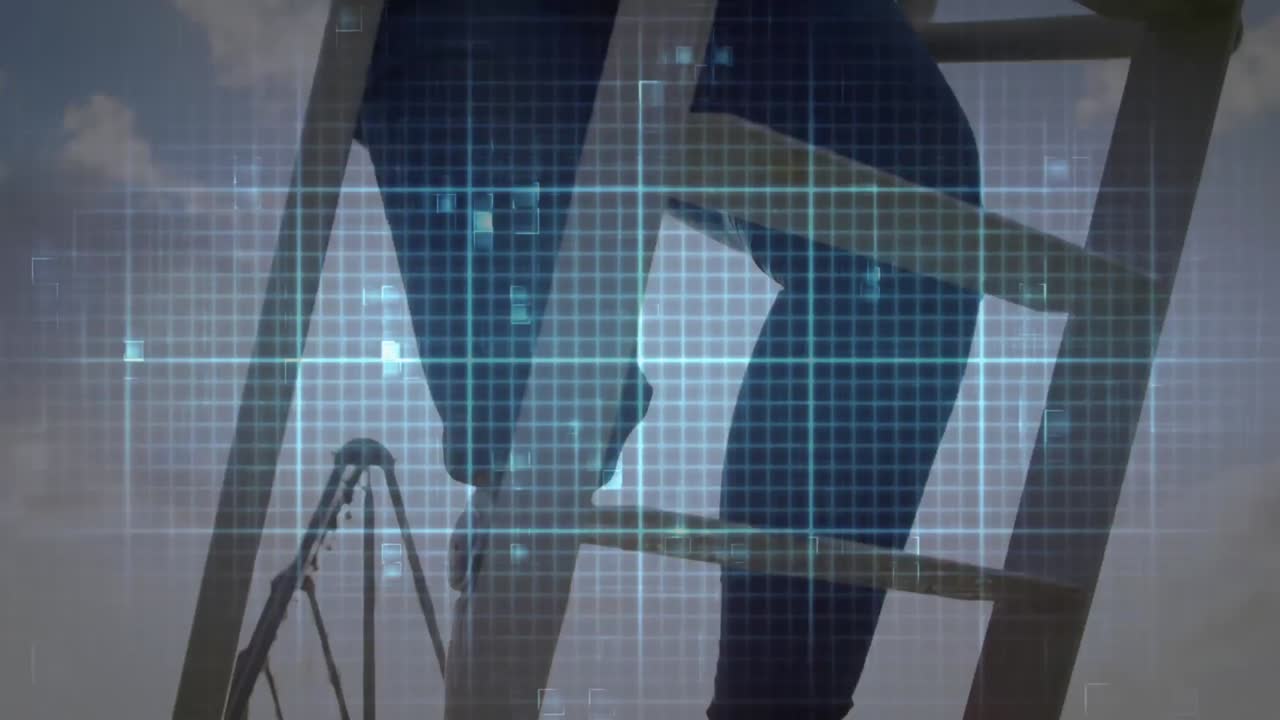 animación del procesamiento de datos con una mujer con una pierna protésica en el fondo