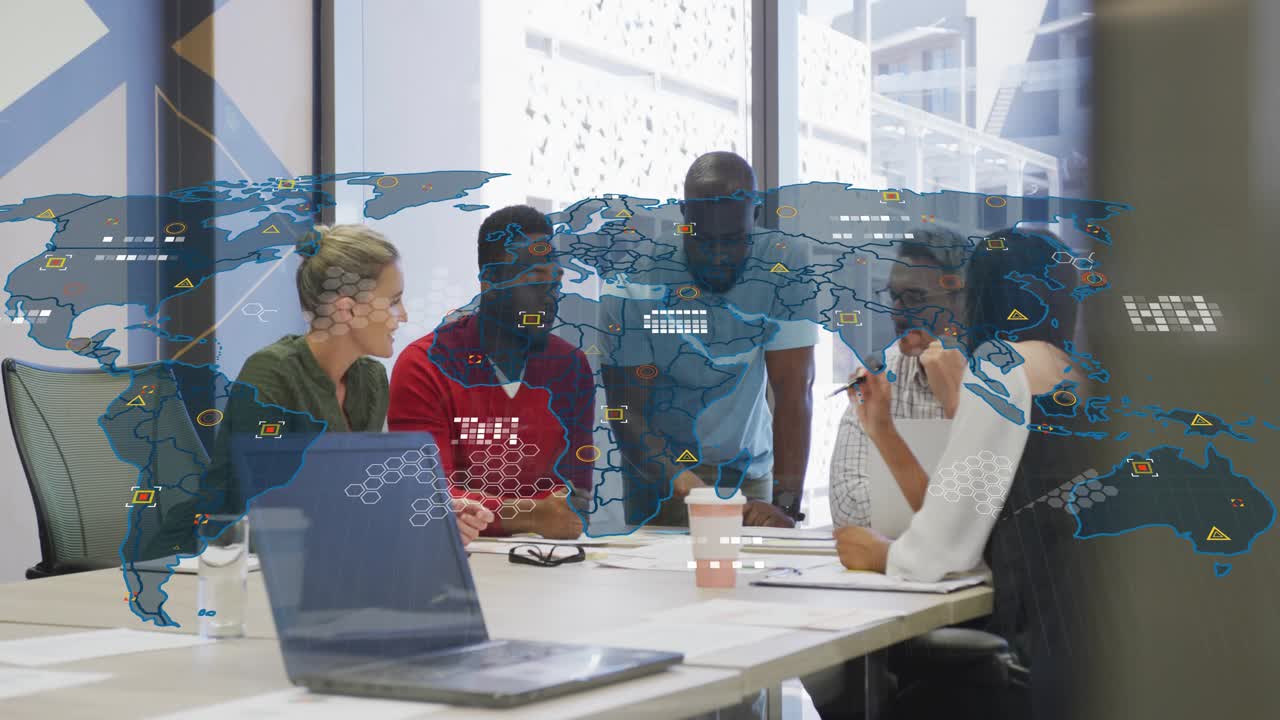 Standing leader leaning in, pointing, activating map overlay with icons to explain business KPIs