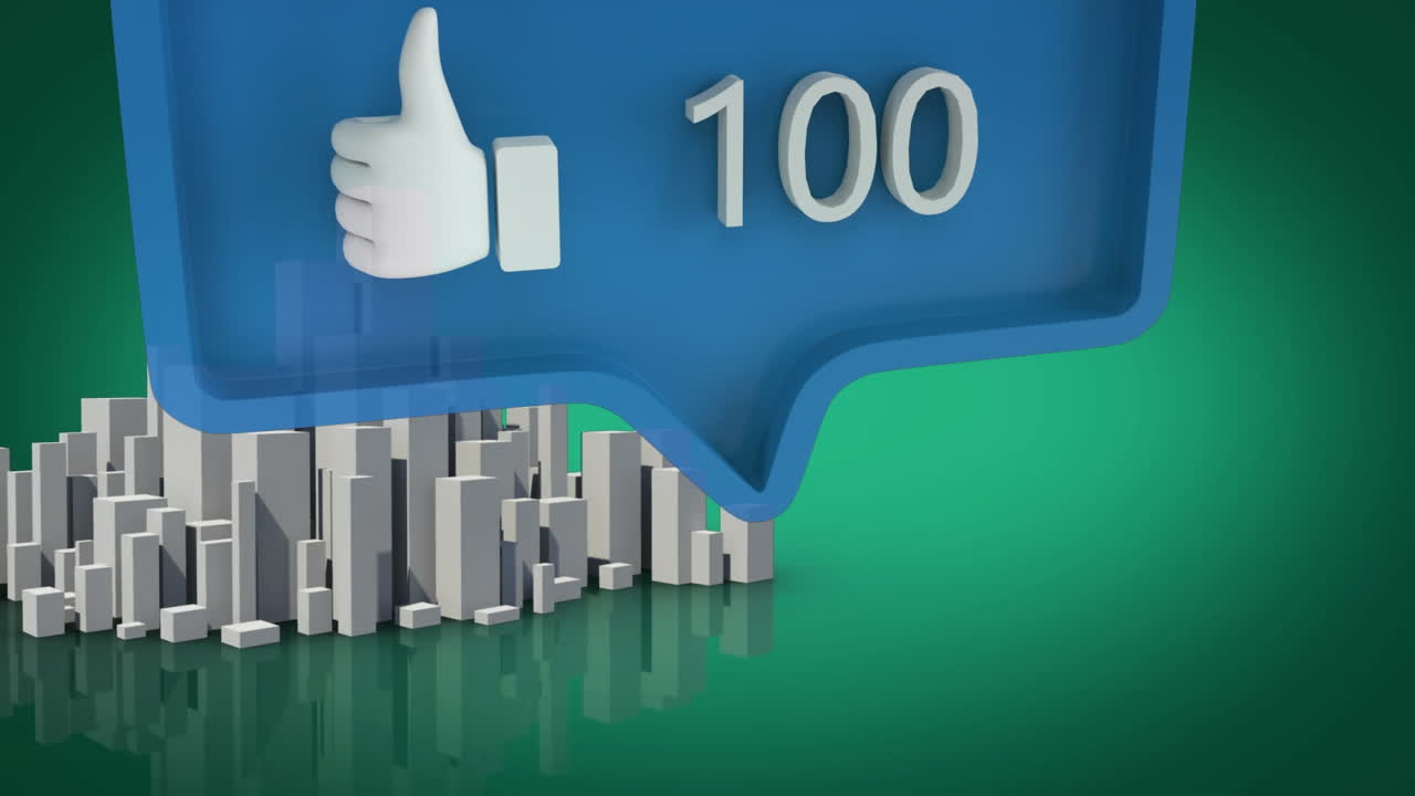 녹색 배경에 3d 도시 모델에 대한 파란 음성 거품에 증가하는 숫자와 같은 아이콘