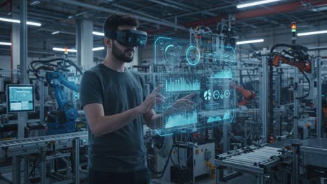 a skilled operator utilizing augmented reality technology to analyze data in a high-tech industrial environment with advanced robotics and smart interfaces