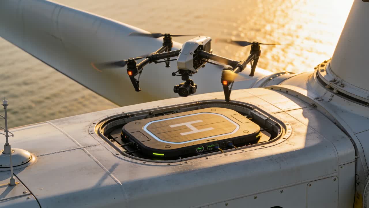 Avvio dell'atterraggio automatico: un drone quadricottero pieghevole si abbassa e si allinea sopra la piattaforma di atterraggio a H della navicella.