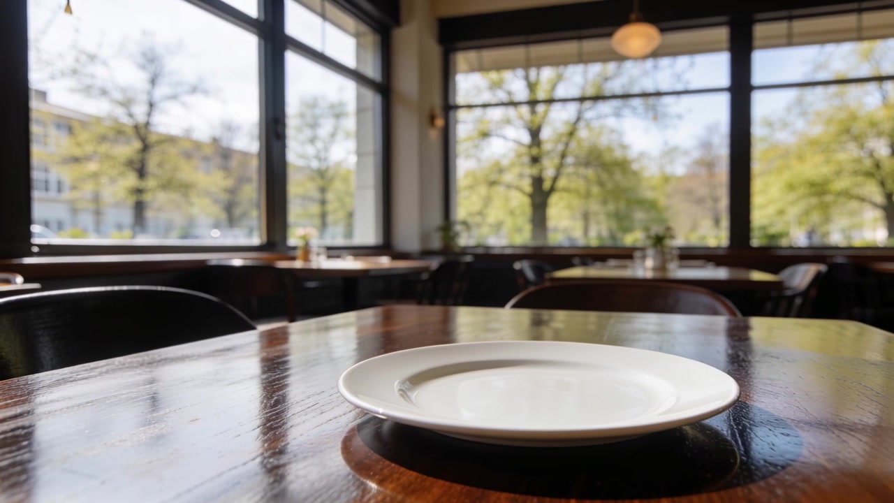 Moving camera shifting focus, revealing white plate on wooden table at cafe with window reflections