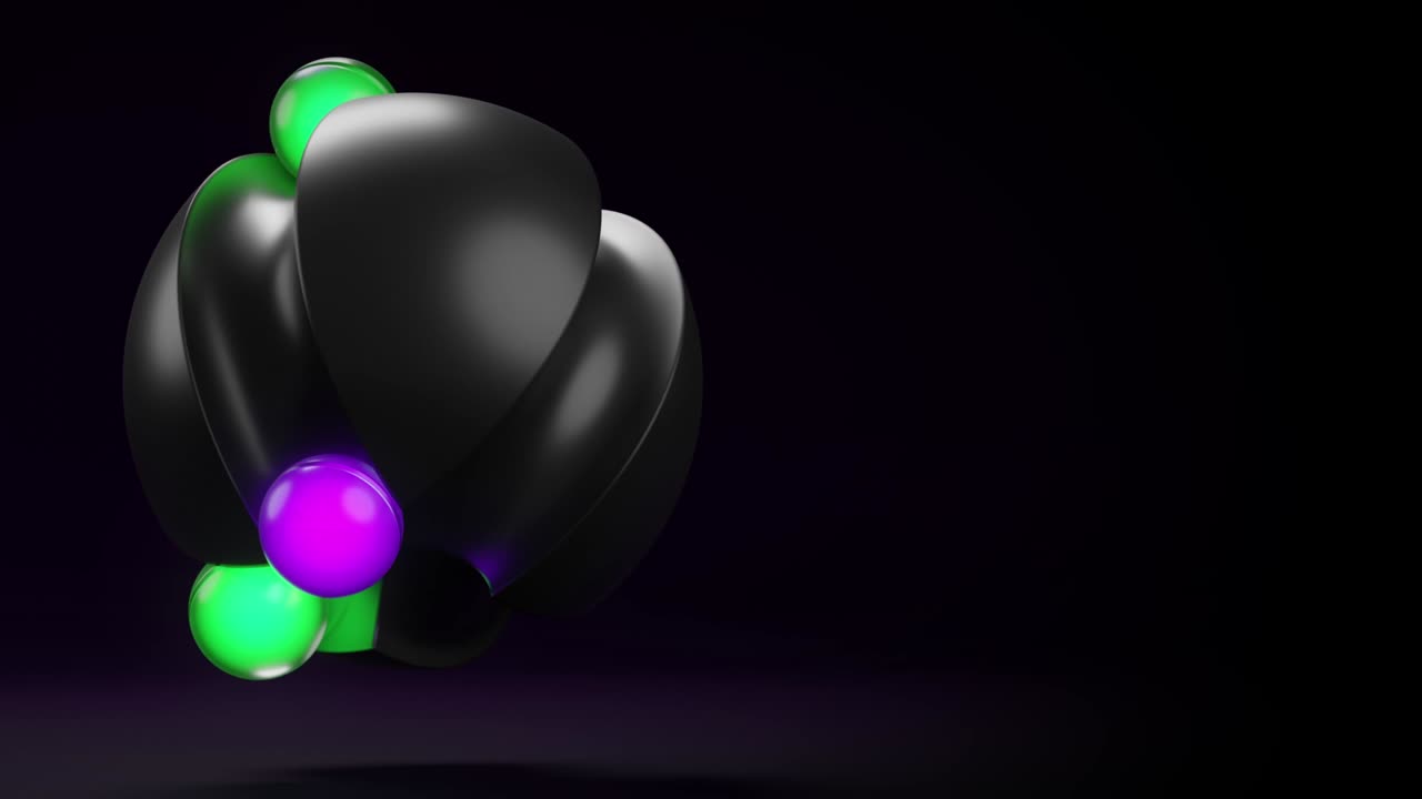 esferas de neón girando alrededor de una esfera negra sobre un fondo oscuro. animación de bucle 3d