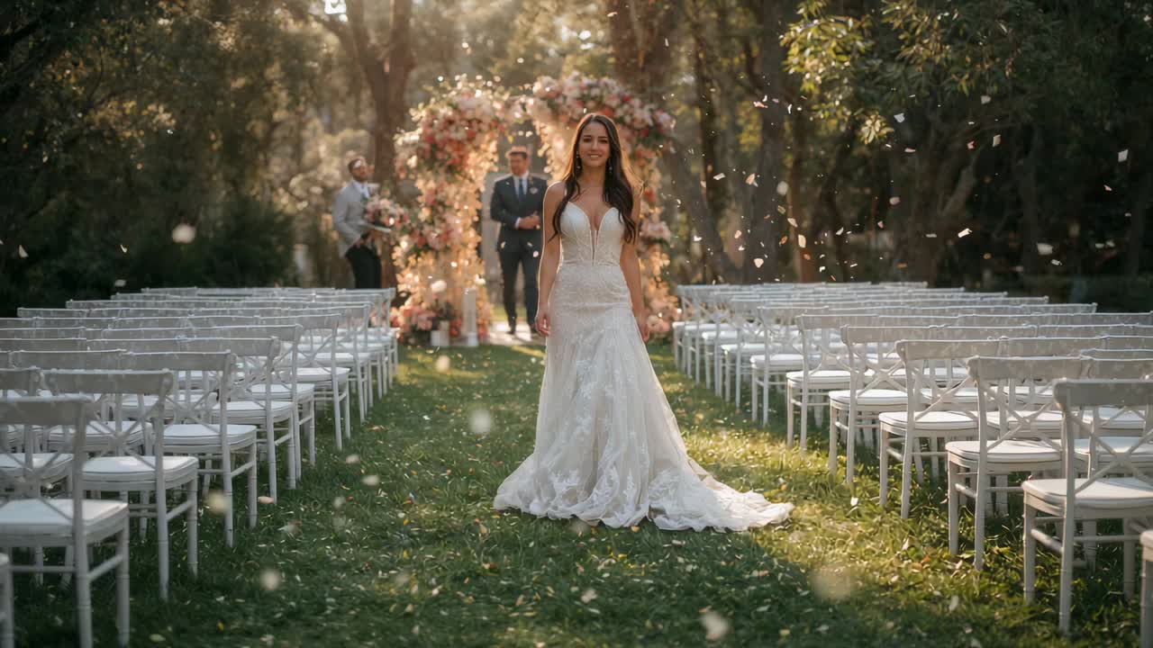 Sposa che cammina lungo la navata sull'erba con abito di pizzo bianco e strascico verso il partner, inizio della cerimonia, arco fiorito