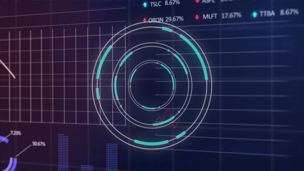 Animation of round scanner, statistical and stock market data processing on purple background