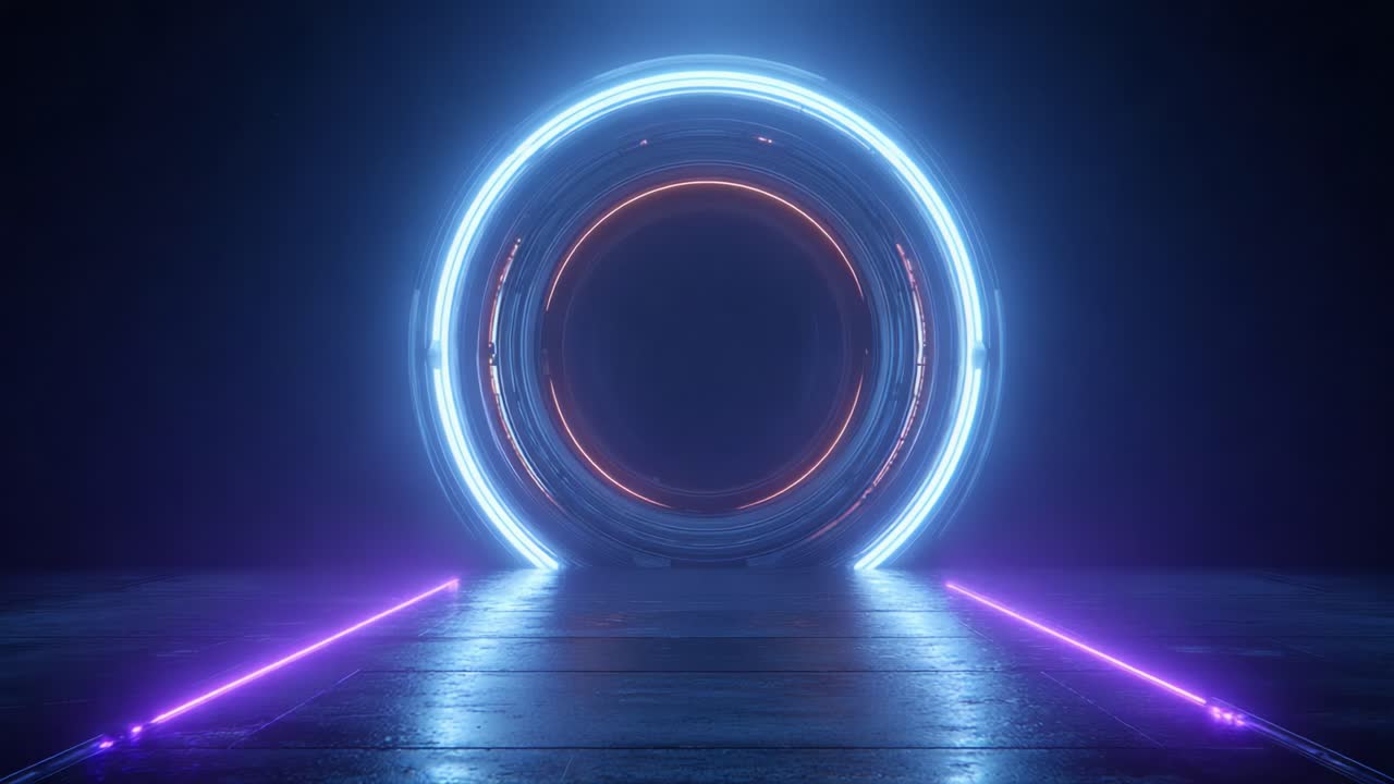 En fascinerende portal omgivet af glødende neonlys og en glat, reflekterende sti, der fordyber beskuere i en futuristisk stemning fyldt med levende farver og mystik.