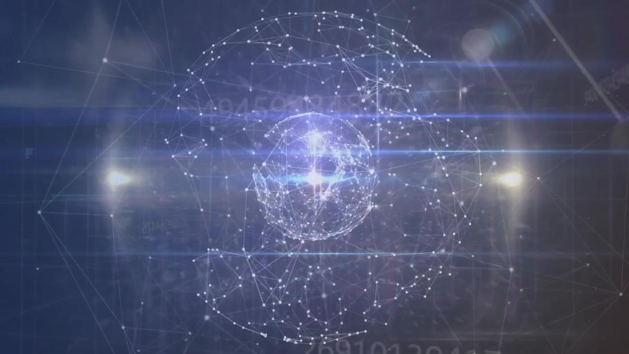 Cluster che appare al centro, dando il via alla formazione di una sfera con una visualizzazione di dati ciclici, pulsanti e rotanti