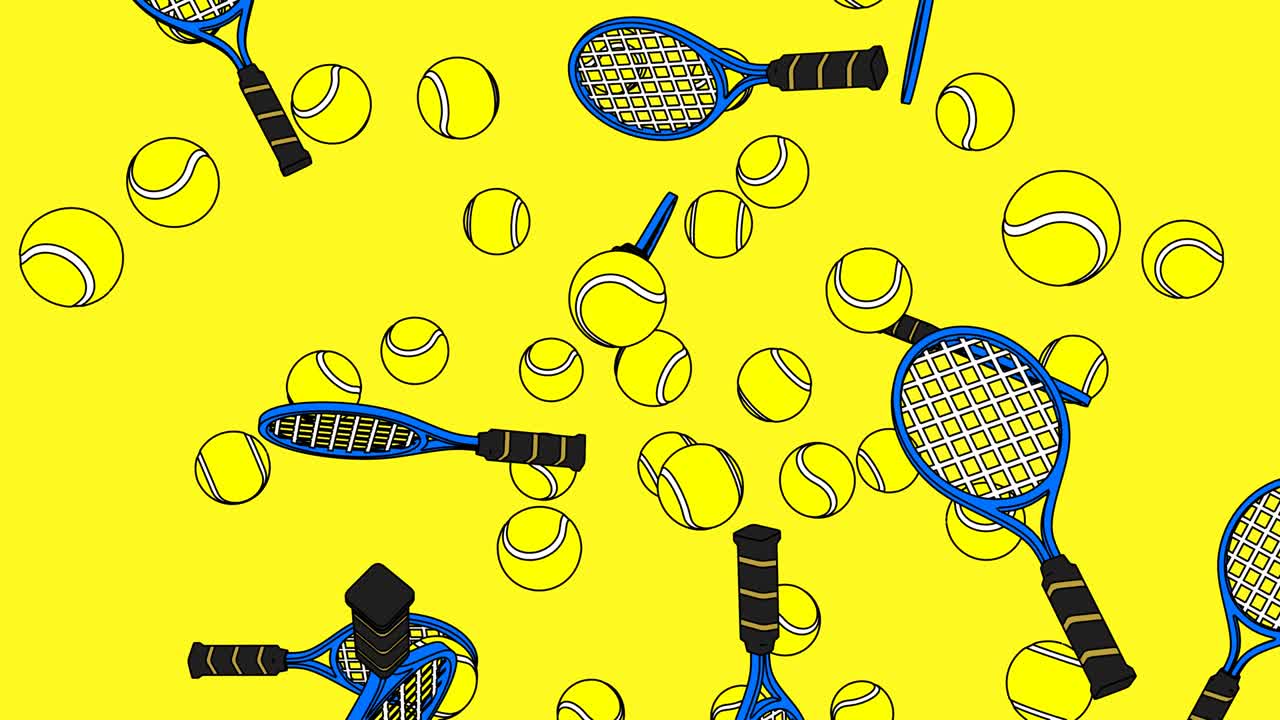 노란색 배경에 있는 테니스 공과 파란색 테니스 라켓입니다.