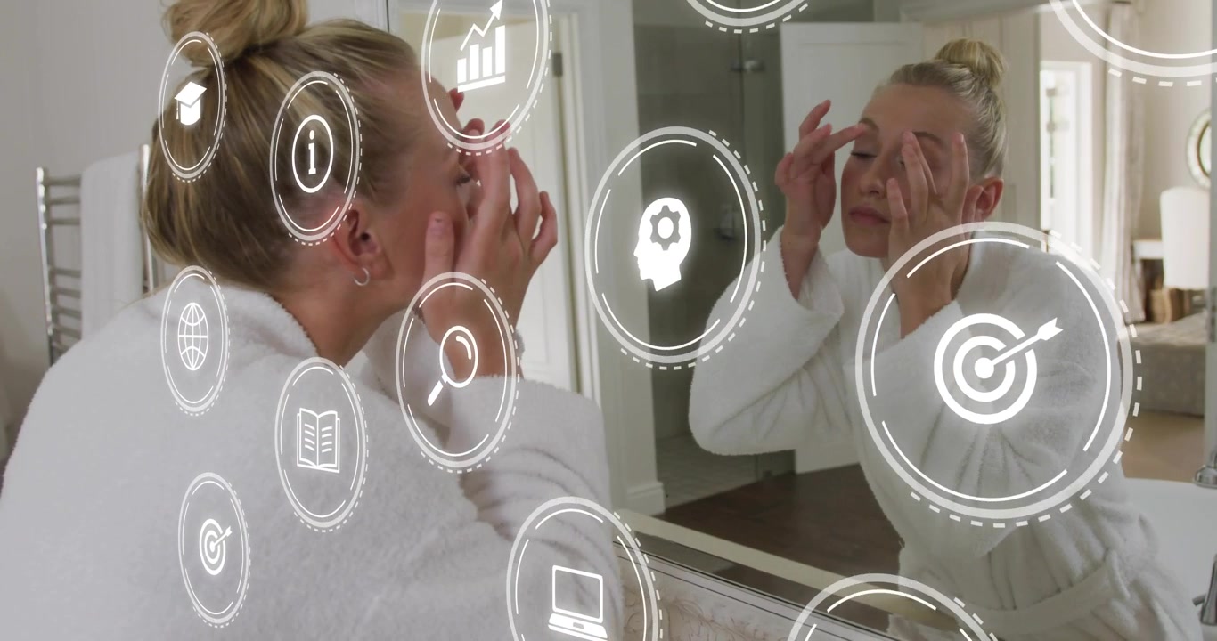 Woman raising hand to cheek activating beauty icons on mirror massaging skin, studying complexion