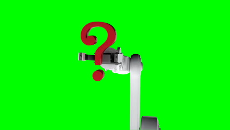 digitally generated video of white robotic arm holding red question mark 3d