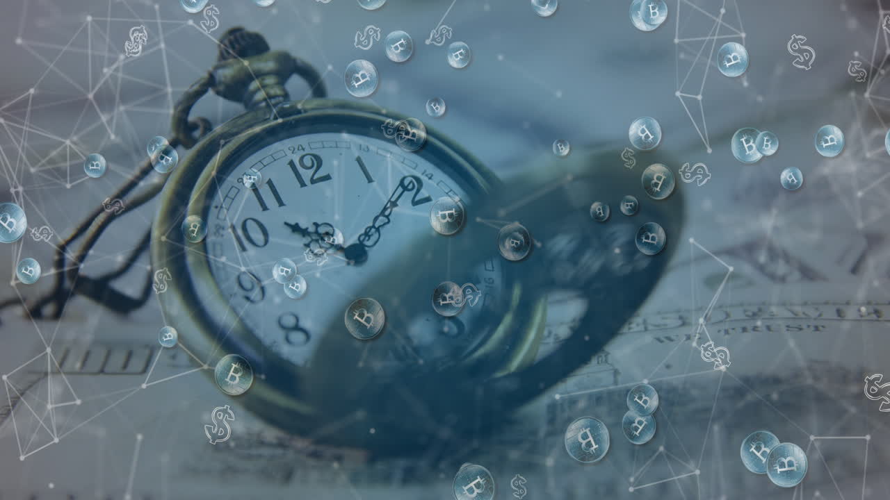 Animation of bitcoin symbol over banknotes