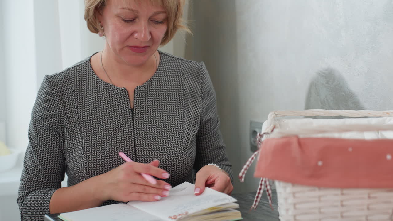 Close up of woman opening notebook with pen in hand sitting beside decorated gift basket on dark marble table in cozy room with soft natural lighting showing moment of study