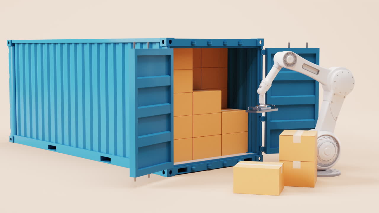 기계적 팔과 카드보드 상자, 3d 렌더링