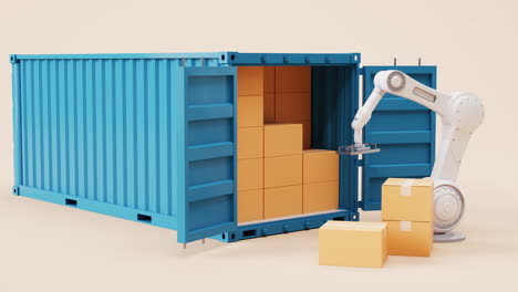 brazo mecánico y caja de cartón, renderización en 3d.