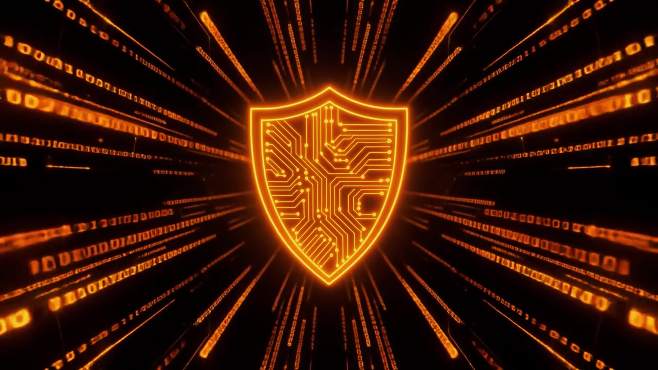 Glowing Digital Security Shield with Flowing Binary Code
