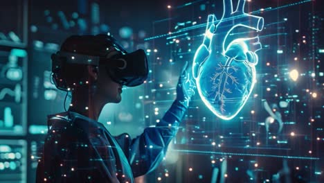 person in vr headset interacting with holographic heart