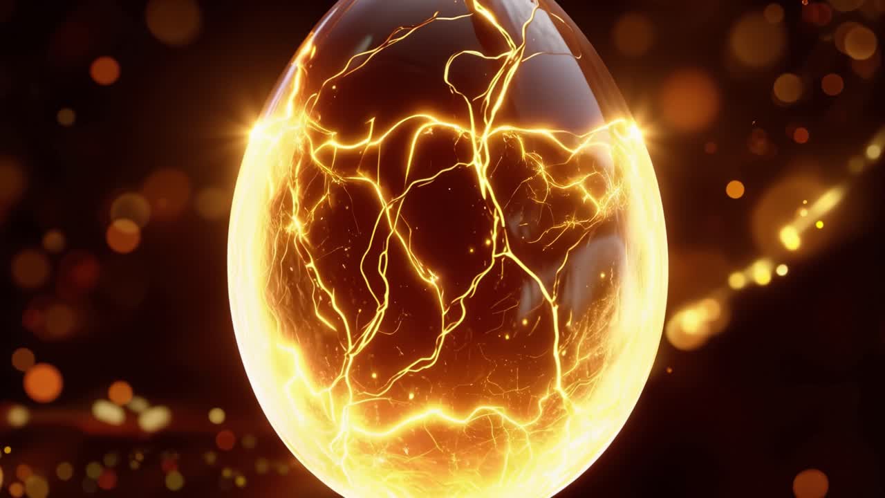 Un uovo dorato pulsa di energia elettrica. Luci scintillanti vorticano all'interno del suo guscio. Crepe tremolanti brillano di fuoco interiore. Lo sfondo scintilla con un caldo bokeh. Atmosfera eterea, magica e antica.