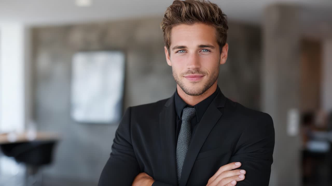 Confident Businessman in Professional Attire Smiling While Posing for a Portrait in a Modern Office Environment, Exuding Charm and Charisma