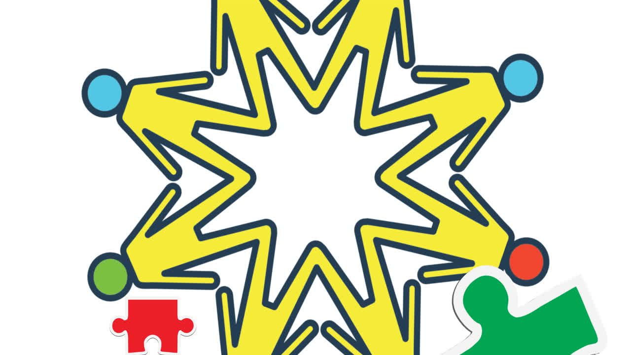 초록색, 빨간색, 파란색의 애니메이션 자폐증 인식 퍼즐이 사람 위에 떨어지는 아이콘이 손을 잡고