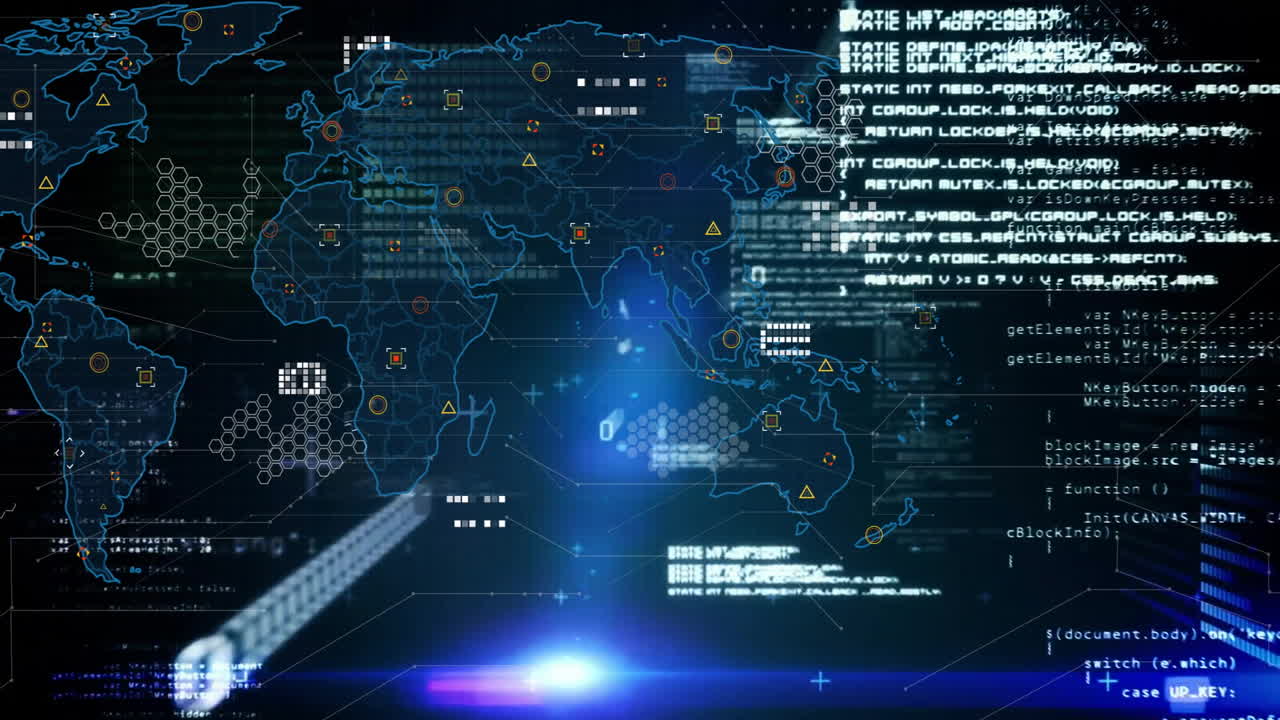World map with data processing and cybersecurity animation over digital background