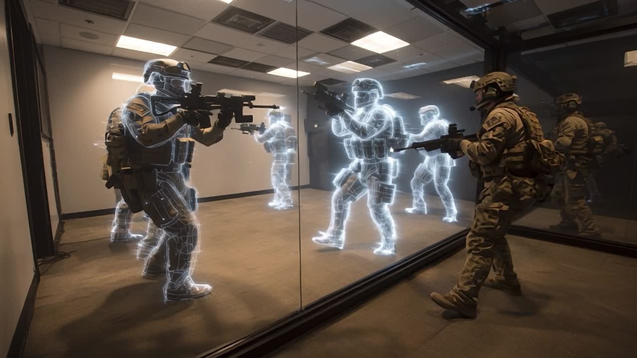 Advanced training session with holographic targets in military simulation