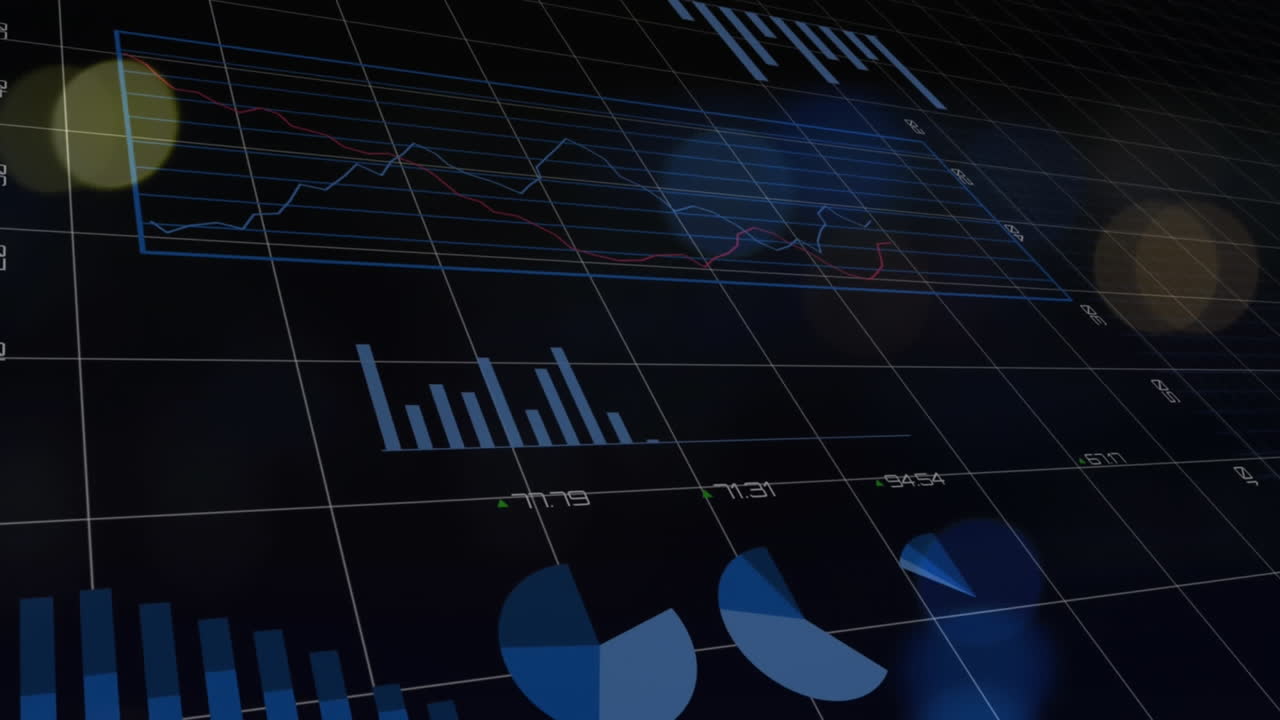animación de múltiples gráficos con números cambiantes en la cuadrícula sobre el destello de la lente