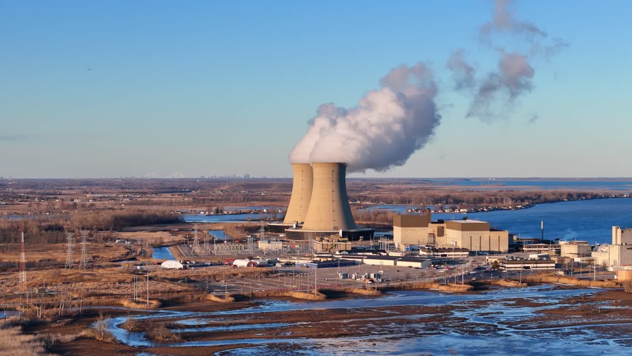 Distant aerial view of Enrico Fermi II nuclear facility, Berlin Township, Michigan, USA