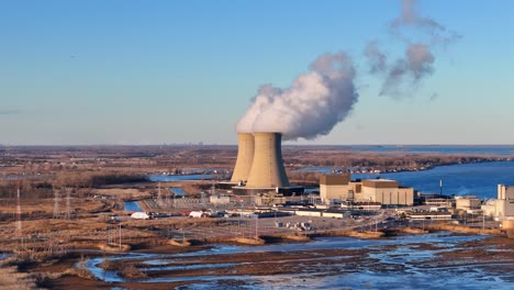 distant aerial view of enrico fermi ii nuclear facility, berlin township, michigan, usa