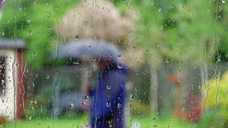 footage of rain on window pane, blurred background