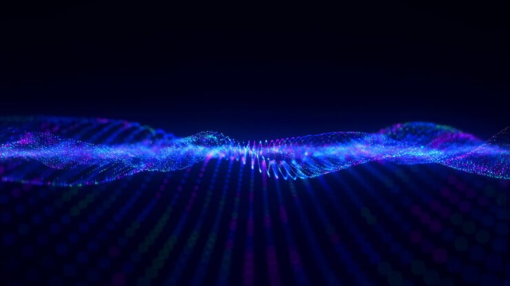 Glowing Blue Data Wave Visualization Rippling Across Dark Grid, Neural Pulses And Luminous Particles Form