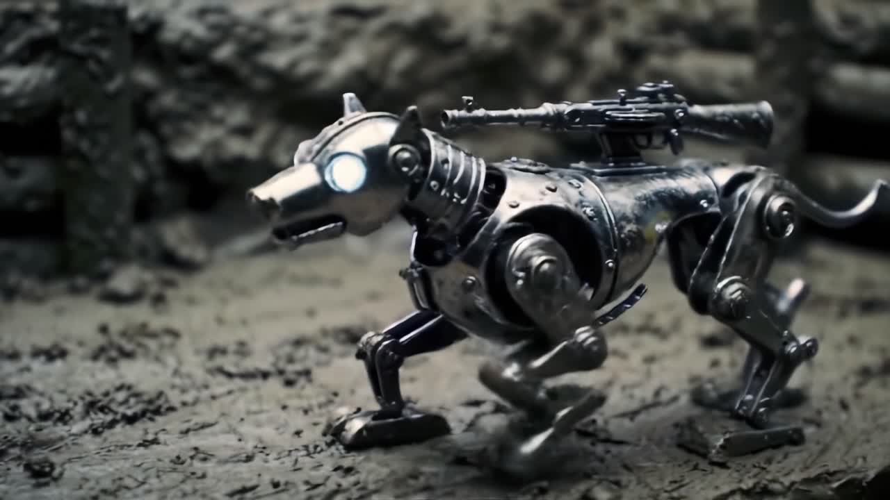 A Steampunk-Inspired Robotic Dog With Illuminated Eyes: A Unique Blend of Artistry and Technology in Motion Depicted in Two Dynamic Frames