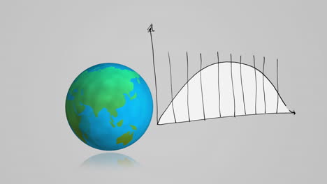 animation des sich drehenden globus und von hand gezeichnete statistiken auf grauem hintergrund