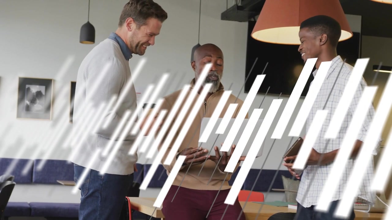 Team leaning around laptop, presenting business pitch while diagonal stripes sweeping over them
