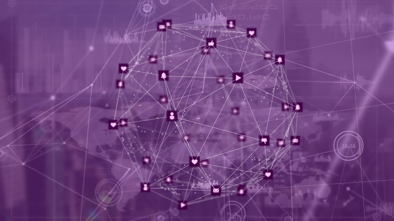 Animation of globe of network of connections with icons over world map on purple background