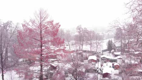 pequeñas casas pintorescas en un bosque durante un día nevado en austria, drone shot hd