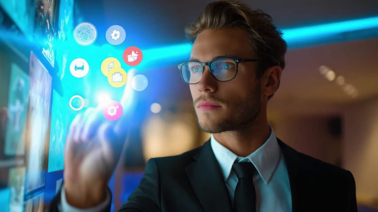 En professionel engageret i digital interaktion, der anvender augmented teknologi til at tilgå information og datavisualiseringer i et moderne udstillingsmiljø.